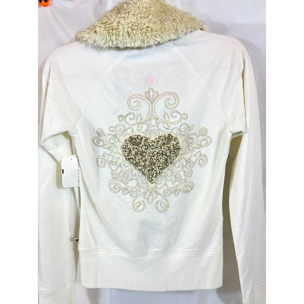 TWISTED HEART BEADED HEART Embroidered Zip Up Faux Fur Trim Hoodie Sz XS NWT